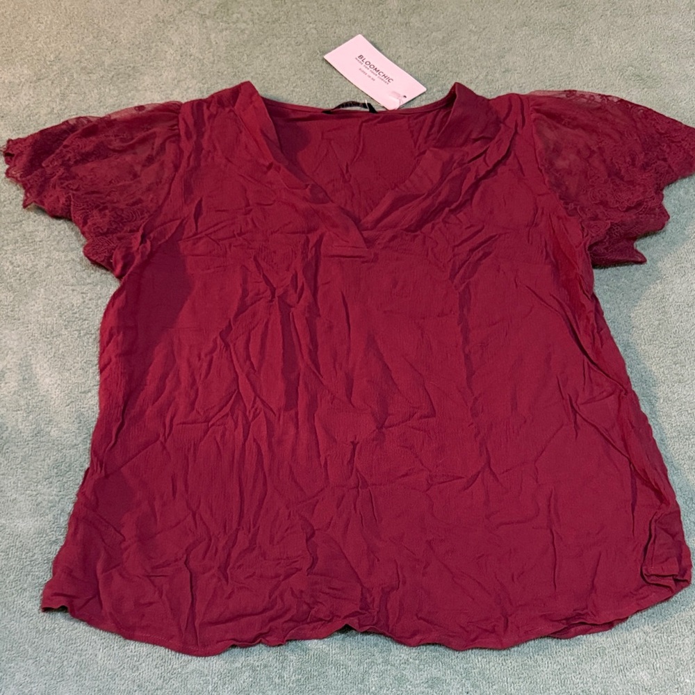 BloomChic Burgundy Lace Sleeve Blouse
